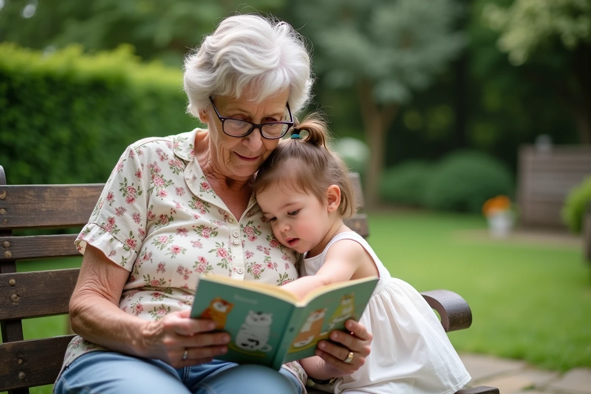 Grand-mère lisant le livre illustré de la comptine 3 petits chats à sa petite-fille dans un jardin verdoyant
