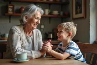 Grand-mere souriante avec petit-fils dans la cuisine chaleureuse