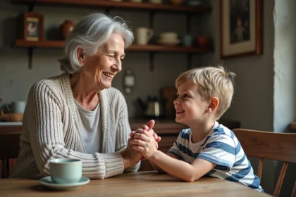 Grand-mere souriante avec petit-fils dans la cuisine chaleureuse