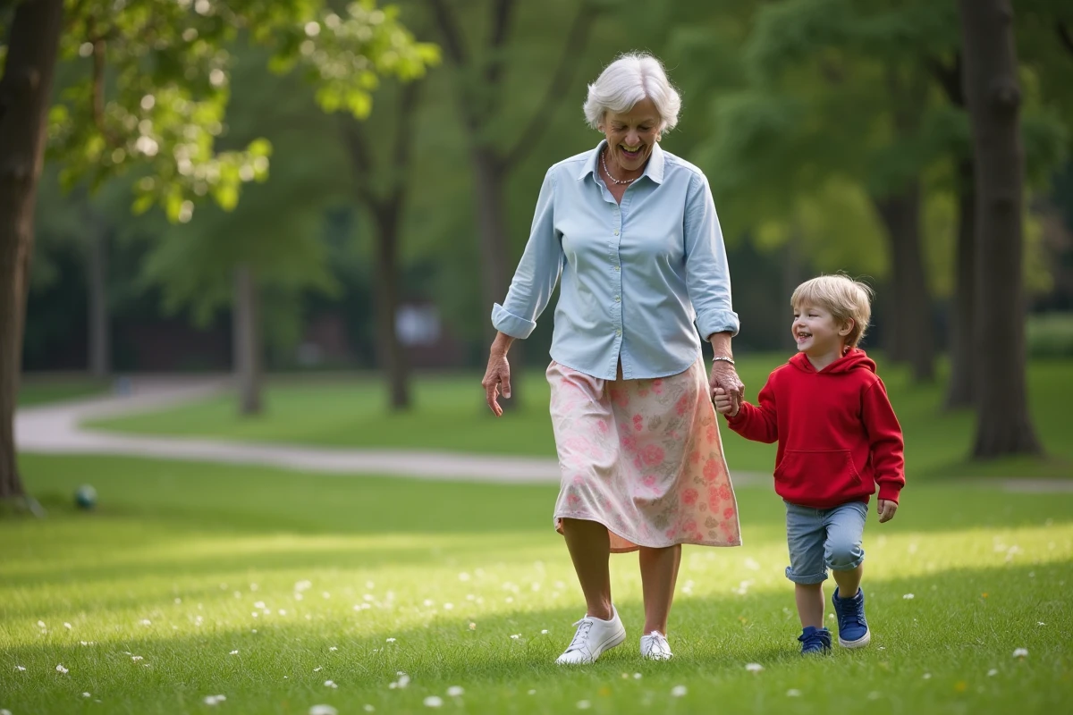 Grand-mere et petit-fils marchant dans un parc en plein air