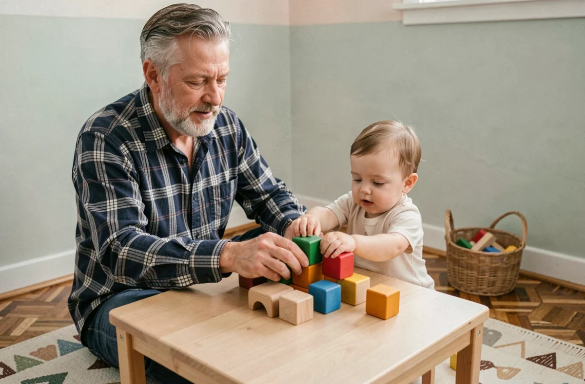 Grand-père guidant un bébé de 1 an dans une activité Montessori avec des cubes sensoriels en tissu coloré dans une salle de jeux