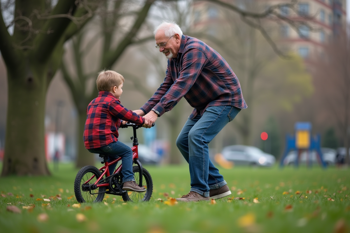 Grand-père aidant son petit-fils à faire du vélo dans un parc urbain