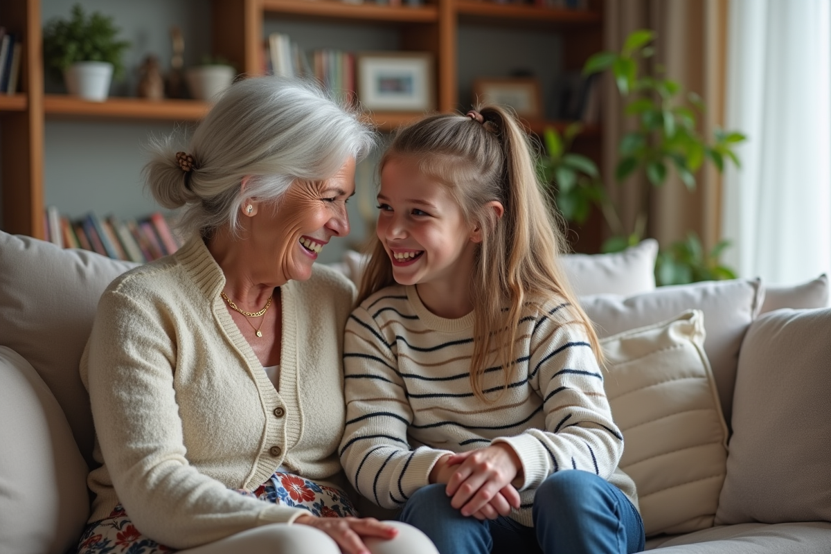 Femme âgée et petite fille partageant un moment tendre à la maison