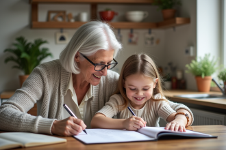 Mamie et petite fille créant un album photo dans la cuisine