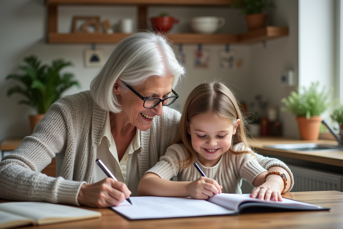 Mamie et petite fille créant un album photo dans la cuisine