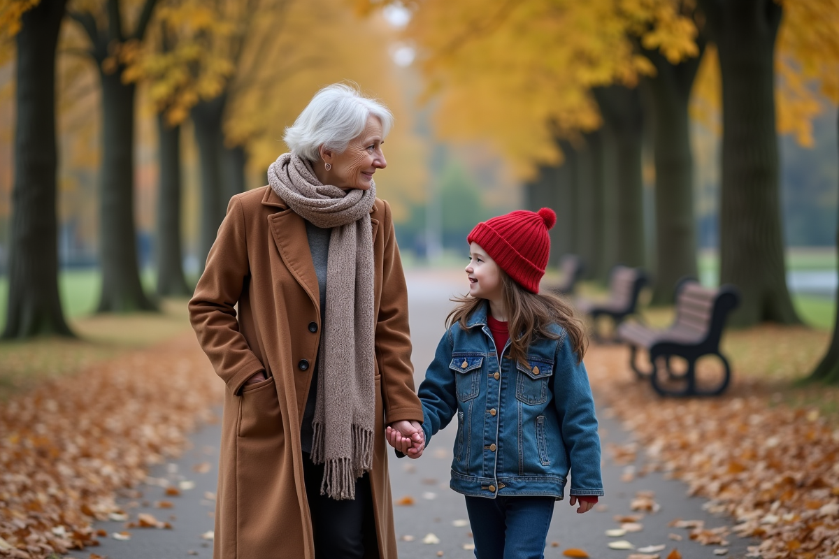 Grand-mère et petite fille se promenant dans un parc automnal