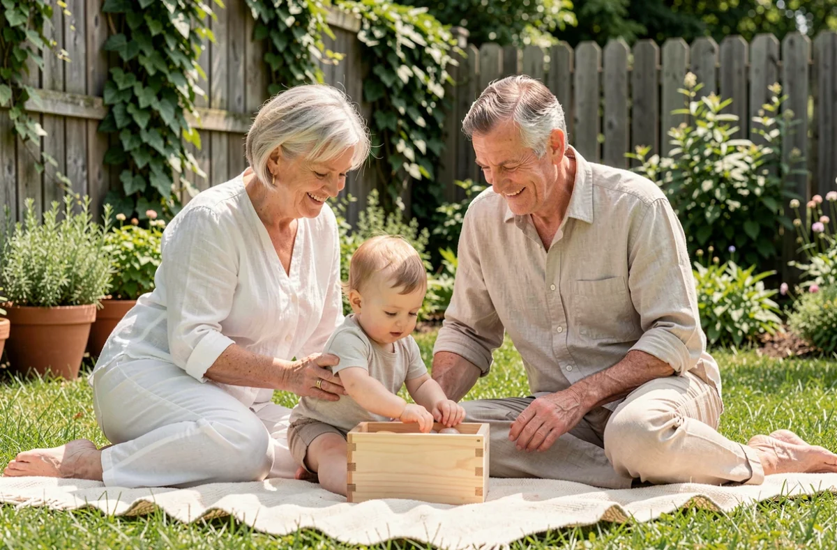 Grands-parents et bébé de 1 an jouant avec une boîte à permanence d'objet Montessori sur une couverture dans un jardin verdoyant