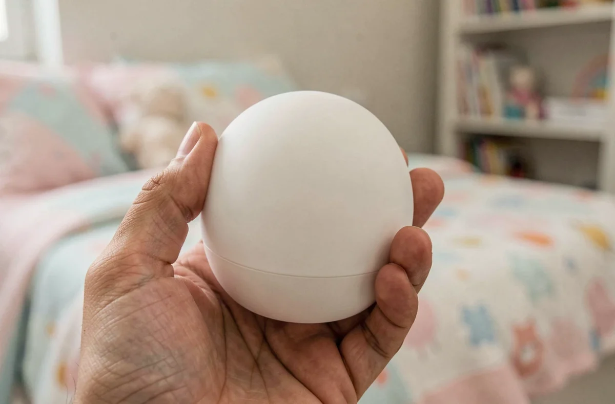 Gros plan sur une veilleuse sans fil portative tenue dans une main, soulignant son design compact et ergonomique pour chambre d'enfant