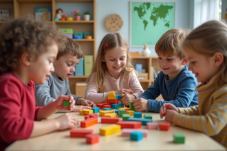 Enfants autour d'une table colorée jouant avec des piwi blocks