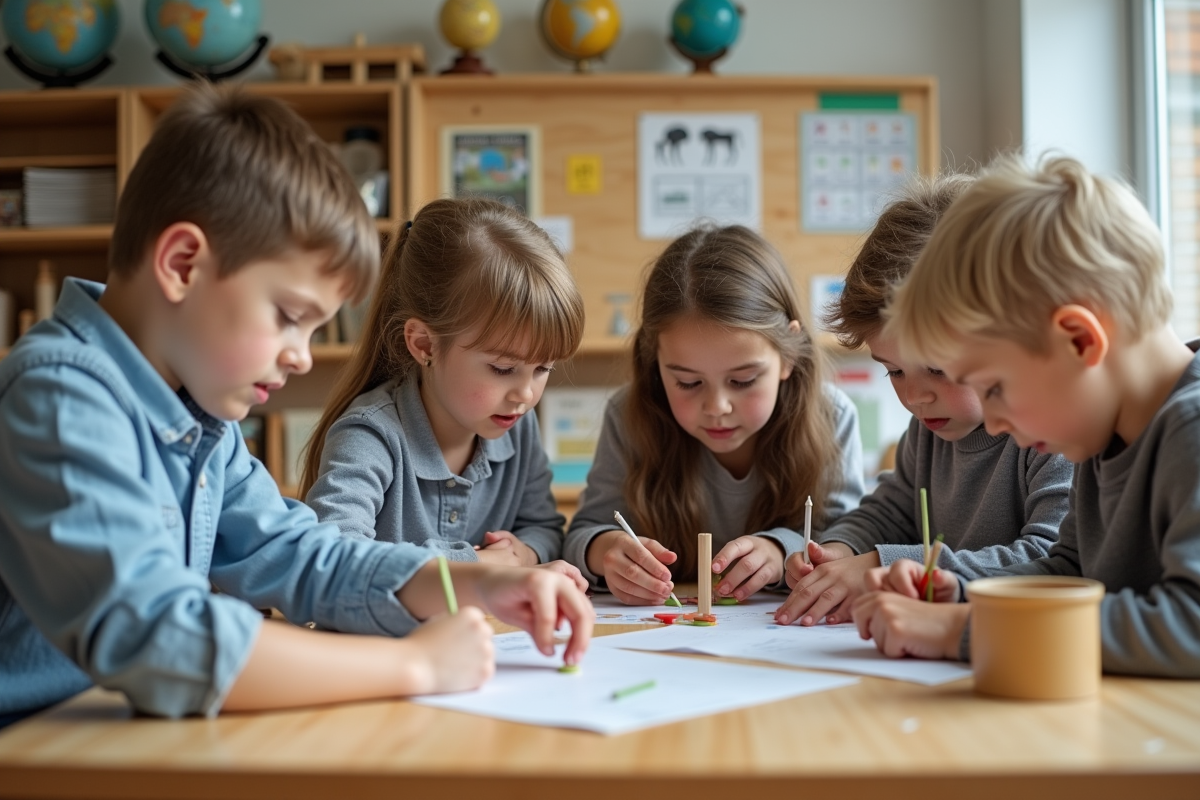 Enfants d'école primaire en activité scientifique Montessori