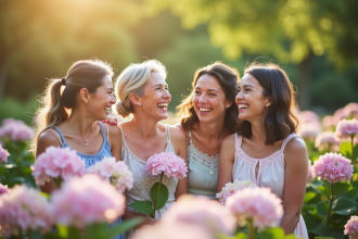 Jeunes filles rieuses en robe pastel dans un jardin printanier