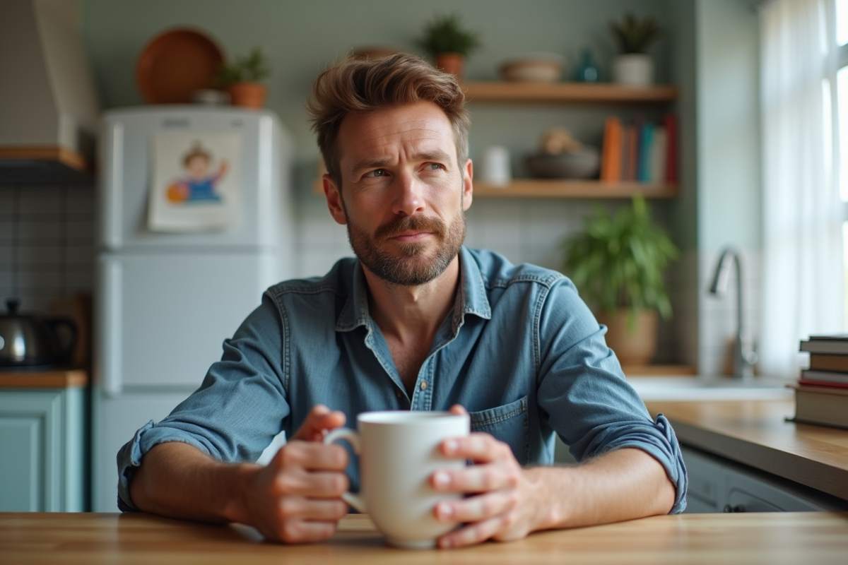 Homme pensif tenant une tasse de café dans une cuisine lumineuse