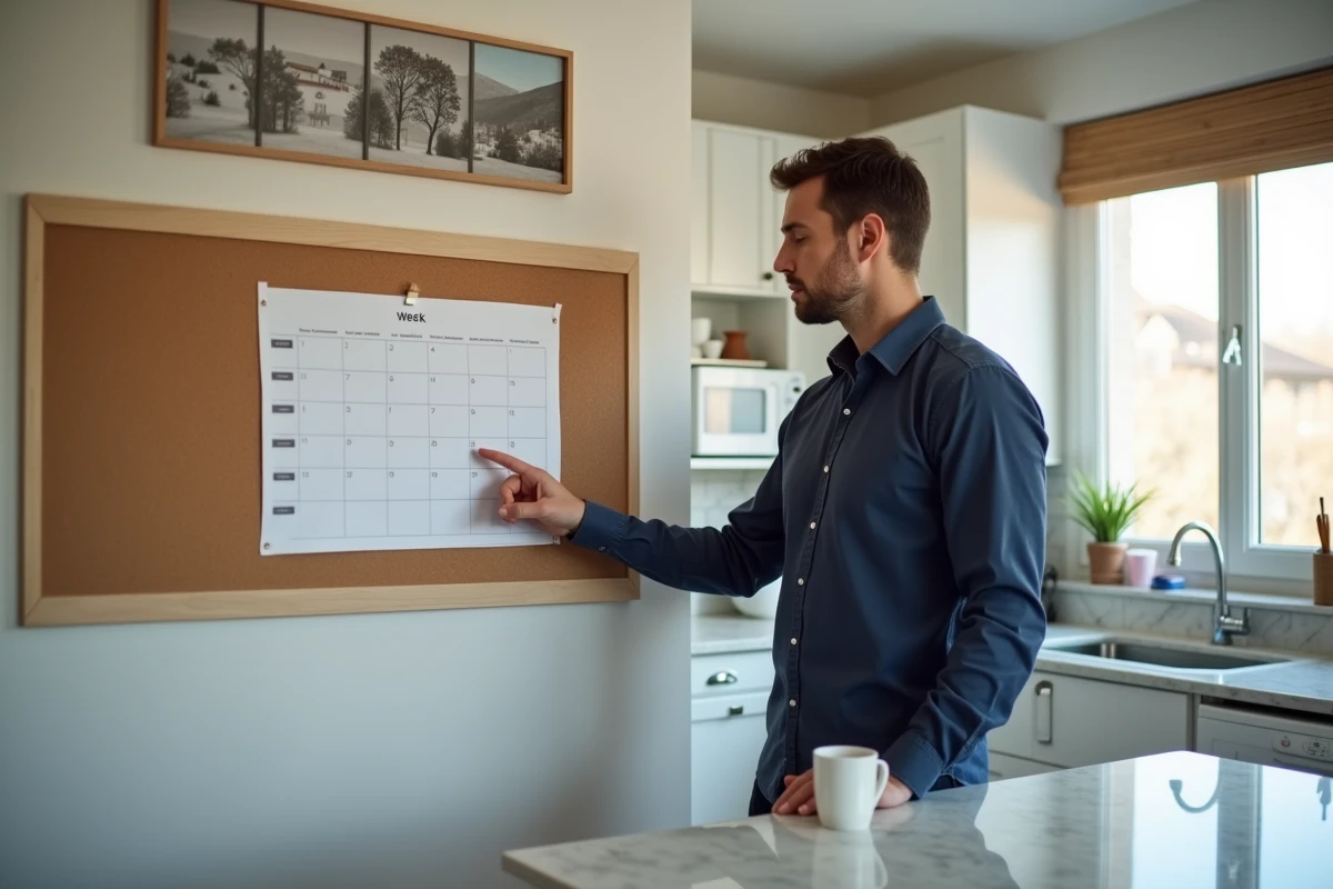 Homme consultant un calendrier 2026 avec semaines paires et impaires affiché sur un tableau en liège dans une cuisine moderne