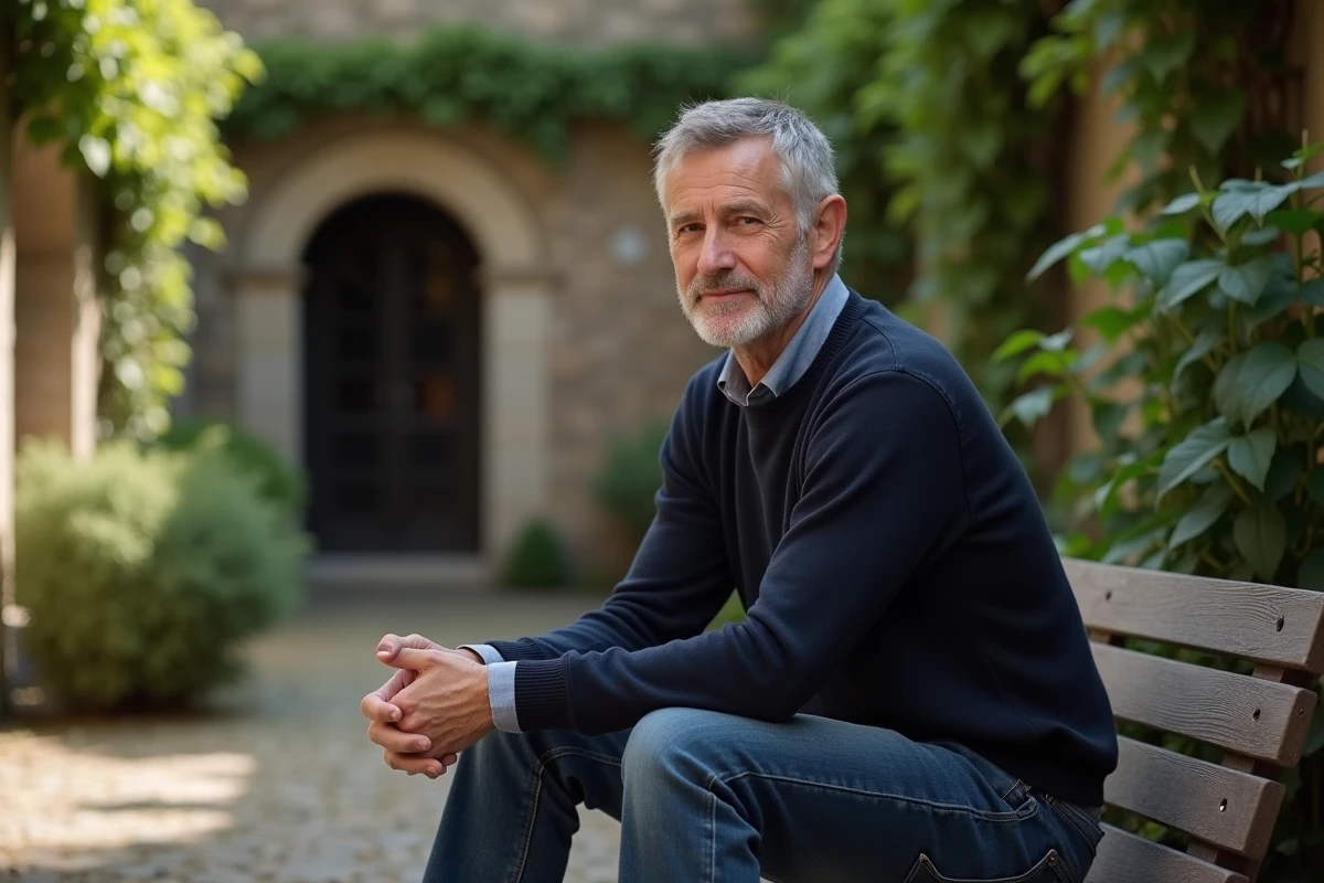 Homme d'âge mûr assis dans une cour en pierre, pose introspective évoquant la vie de famille et la paternité