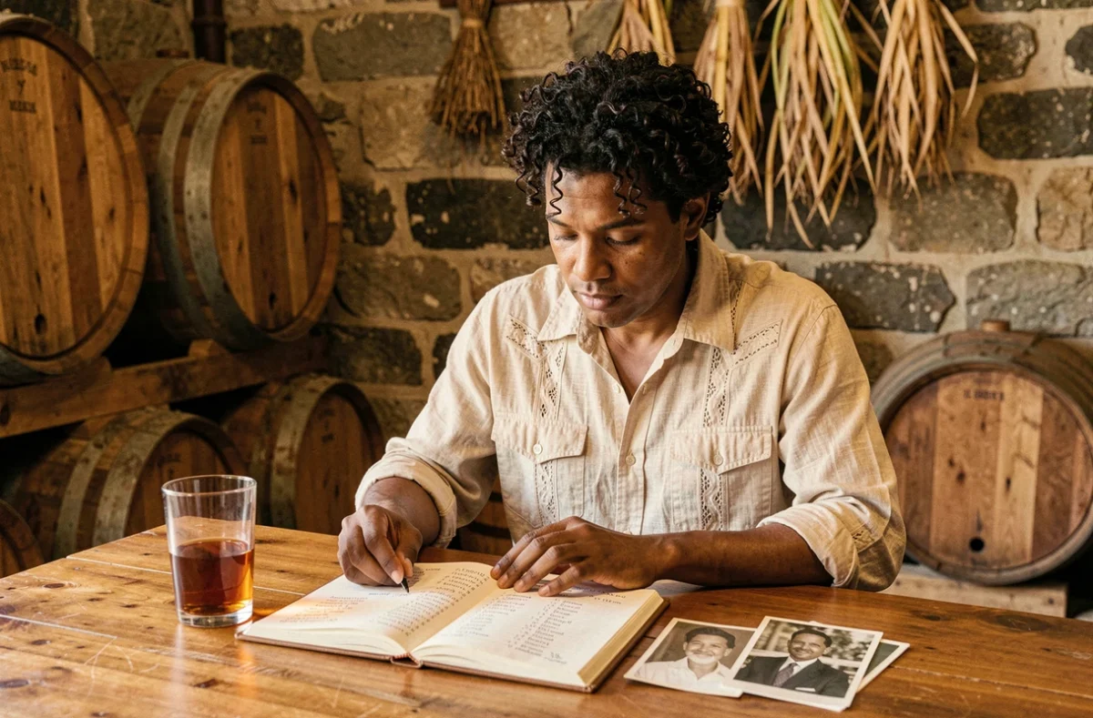 Homme martiniquais consultant un carnet de généalogie avec des prénoms antillais dans une distillerie de rhum traditionnelle