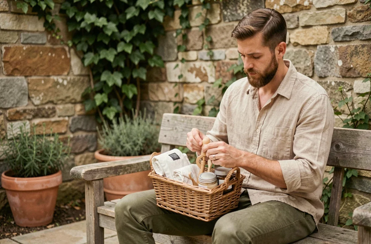 Homme assemblant un panier cadeau baby shower zéro déchet avec jouet en bois, langes bio et baume naturel dans un jardin artisanal avec mur en pierre