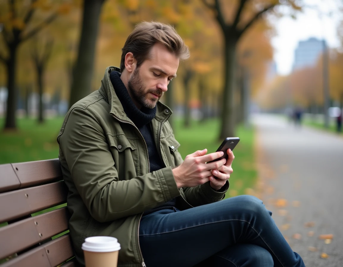 Homme consultant son smartphone sur un banc de parc en automne pour illustrer des idées de posts réseaux sociaux pour la rentrée 2026