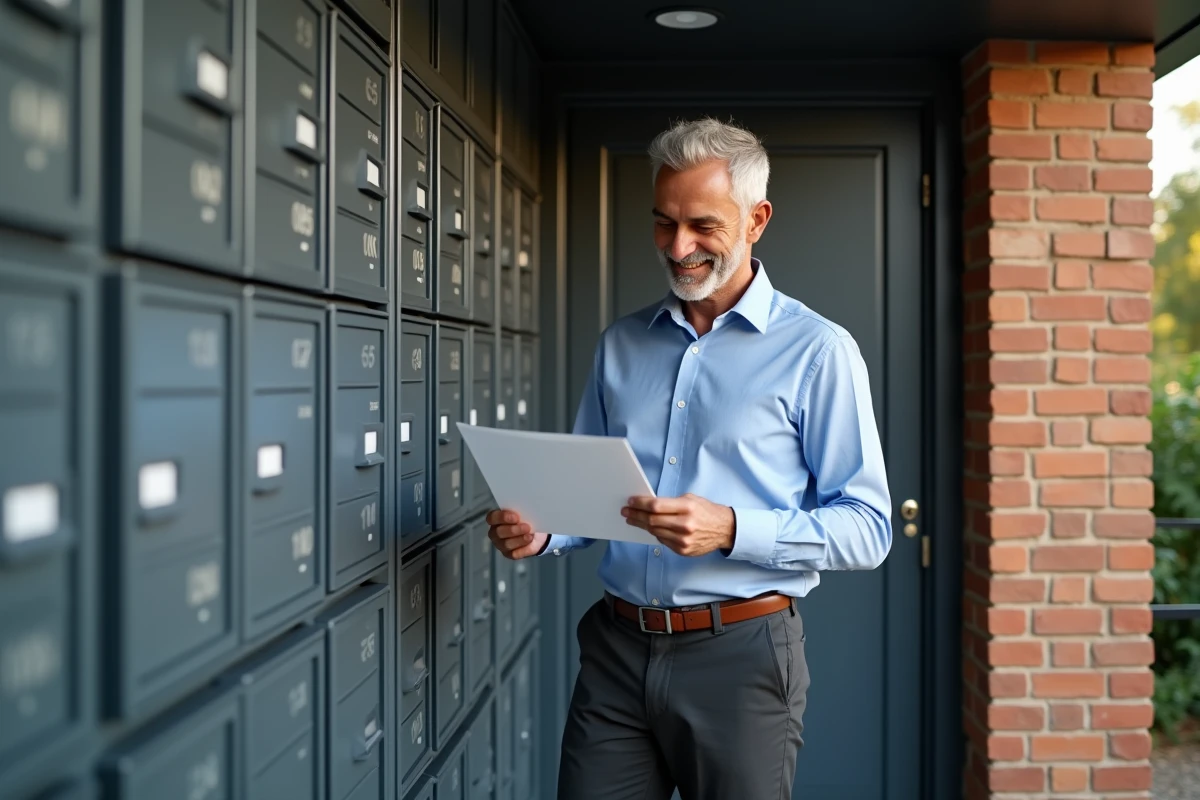 Homme souriant postant une lettre devant sa boîte aux lettres