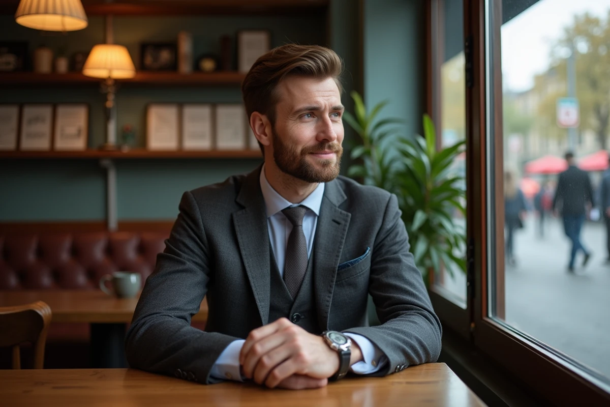 Homme pensif assis dans un café cosy