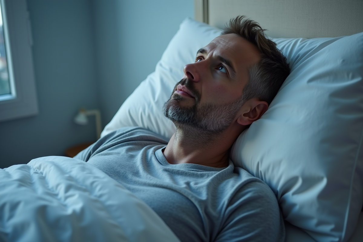 Homme d age moyen regardant le plafond au lever du jour