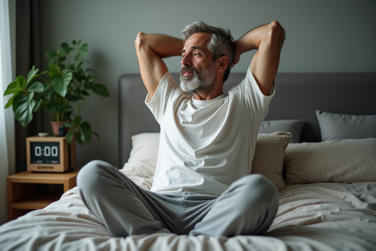 Homme d age moyen s etirant au lit dans une chambre