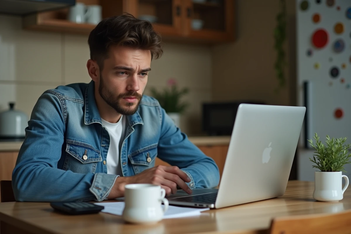 Jeune homme au travail à la maison dans sa cuisine