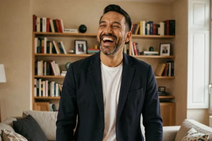 Humoriste français souriant dans un appartement parisien moderne, évoquant une personnalité publique protégeant sa vie privée