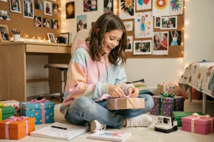 Jeune fille de 12 ans assise entourée de cadeaux colorés dans une chambre créative décorée avec des guirlandes lumineuses