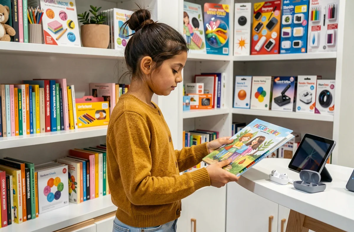 Adolescente de 12 ans découvrant des idées cadeaux originales dans une boutique moderne remplie de carnets, kits DIY et accessoires tech