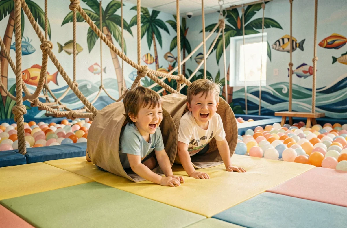 Espace de jeux indoor L'Île Aux Enfants à Hourtin avec décor nautique et enfants jouant dans un tunnel