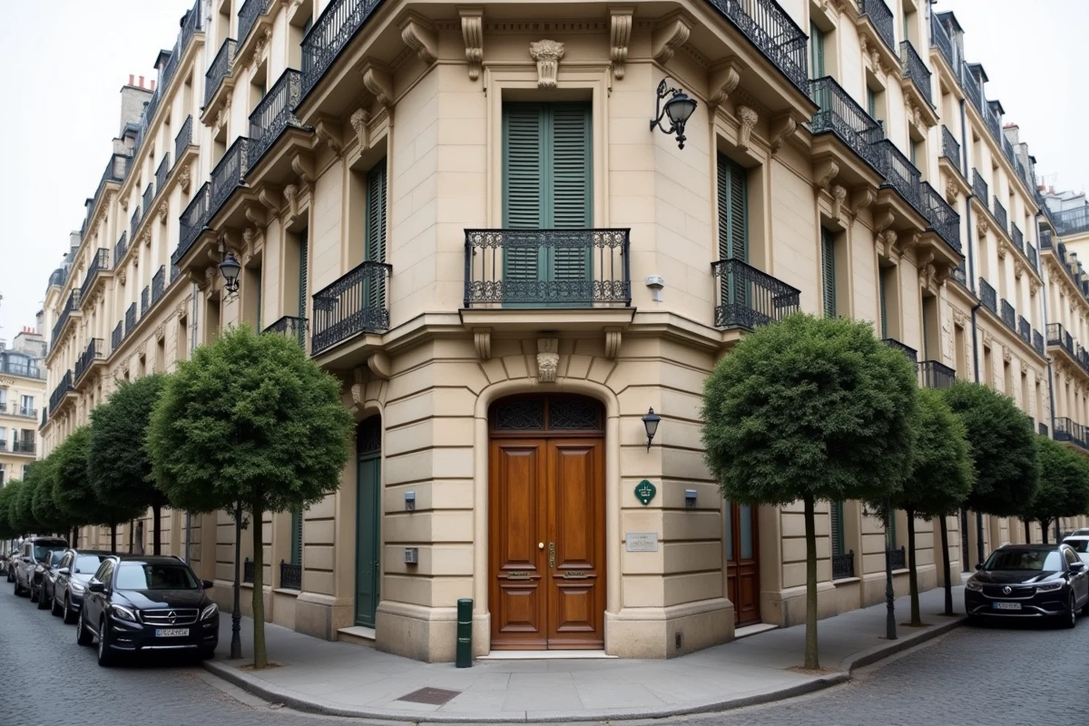 Immeuble haussmannien discret à Paris, façade en pierre avec plaque de société civile immobilière