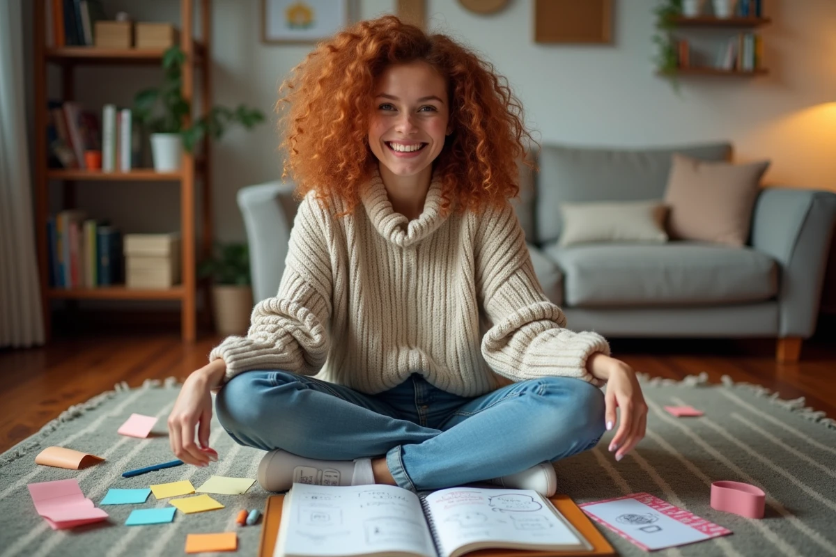 Jeune femme créative inventant des idées de farces et bêtises entourée de notes colorées et carnets de dessins dans un salon cosy