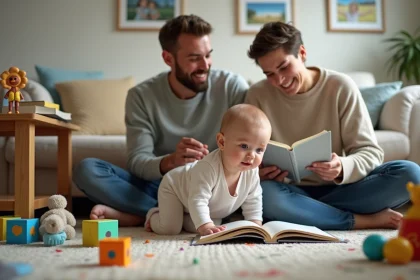 Jeune couple avec bébé jouant dans le salon cosy