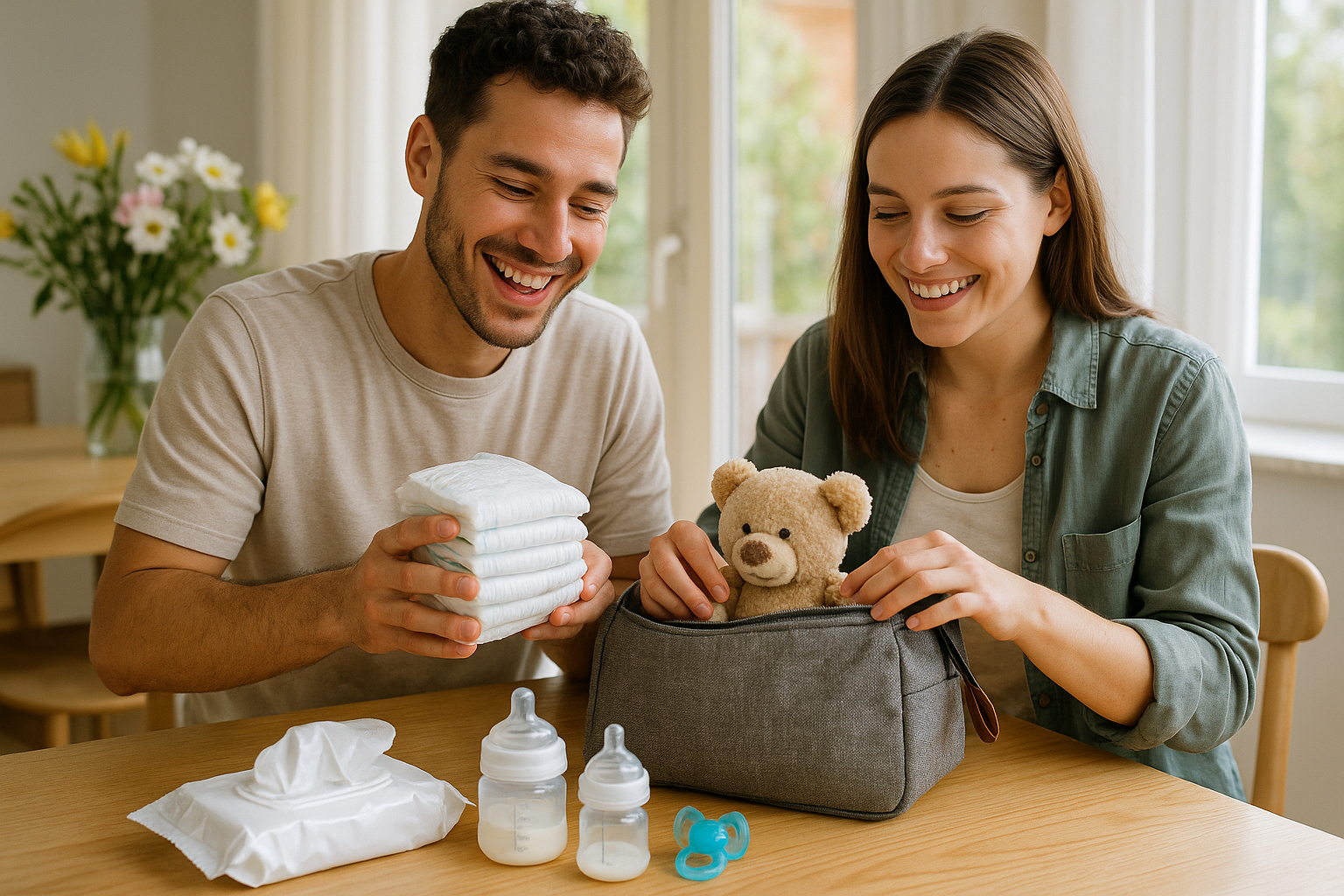 Jeune couple organisant un sac à langer avec des essentiels pour bébé