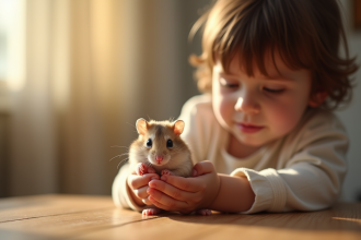 Jeune enfant tenant un hamster russe dans ses mains