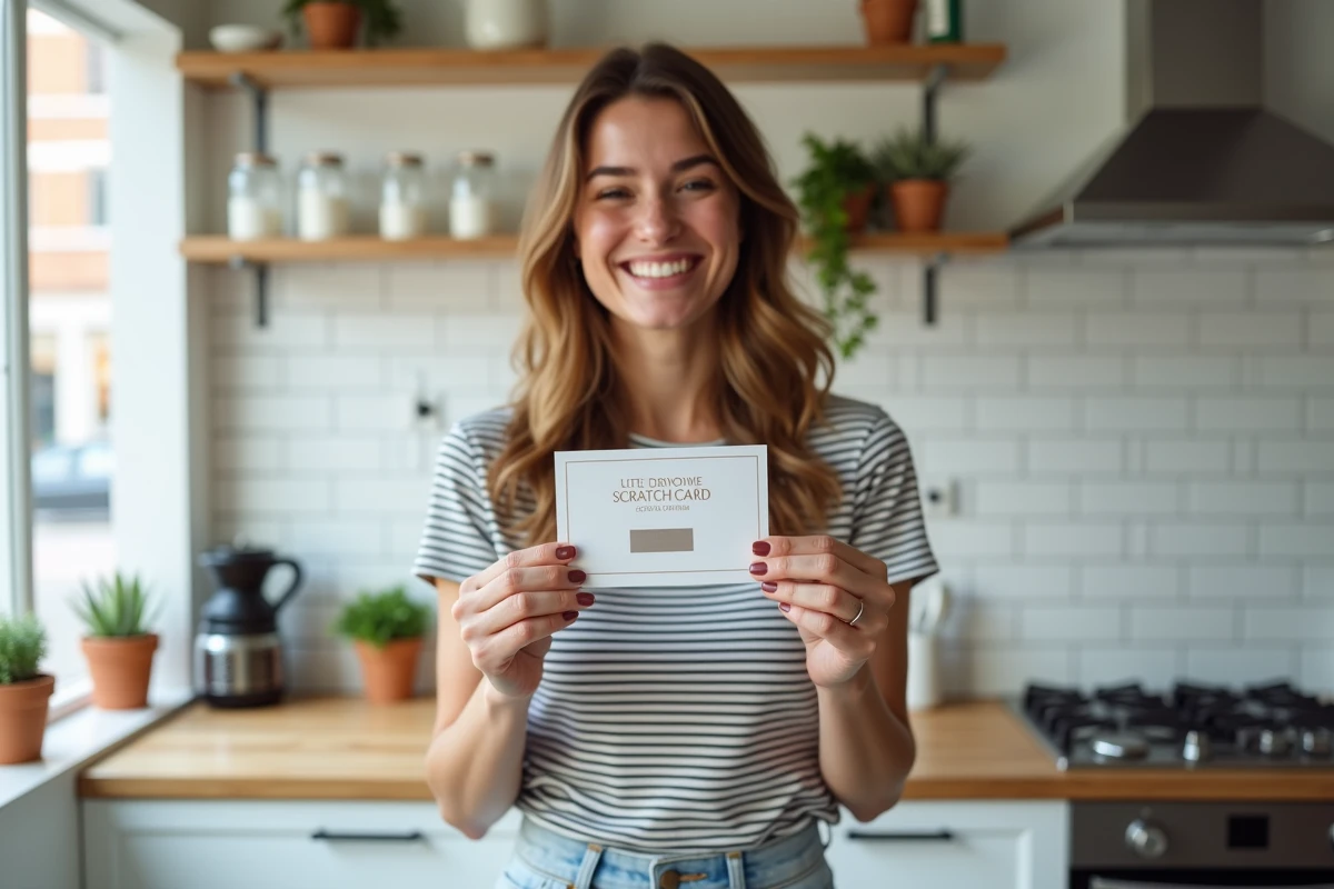 Jeune femme tenant fièrement une carte à gratter personnalisée révélant une destination de voyage surprise dans une cuisine moderne