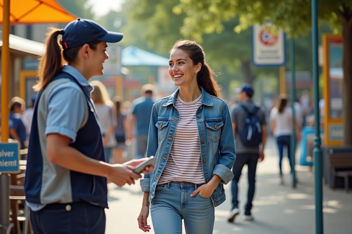 Jeune femme souriante discutant avec un agent au parc Walibi