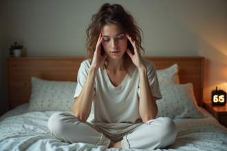 Jeune femme en matinée dans un lit confortable
