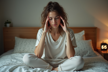Jeune femme en matinée dans un lit confortable