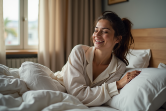 Jeune femme en pyjama se reveillant paisiblement dans son lit