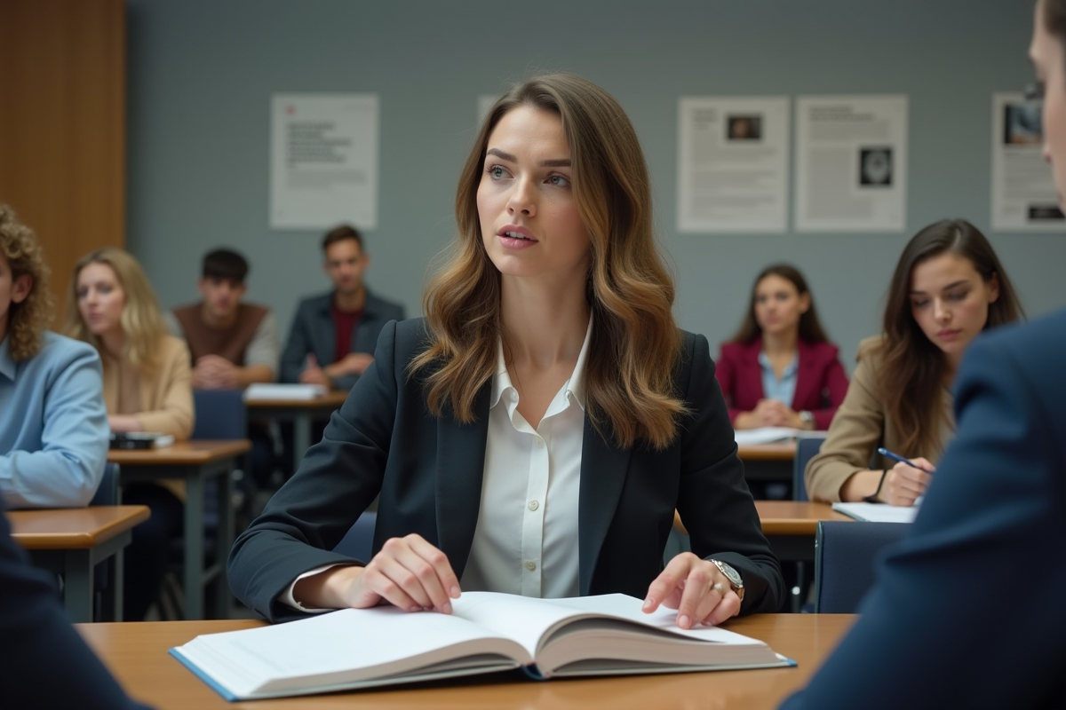 Jeune femme moderne en discussion dans un amphithéâtre contemporain