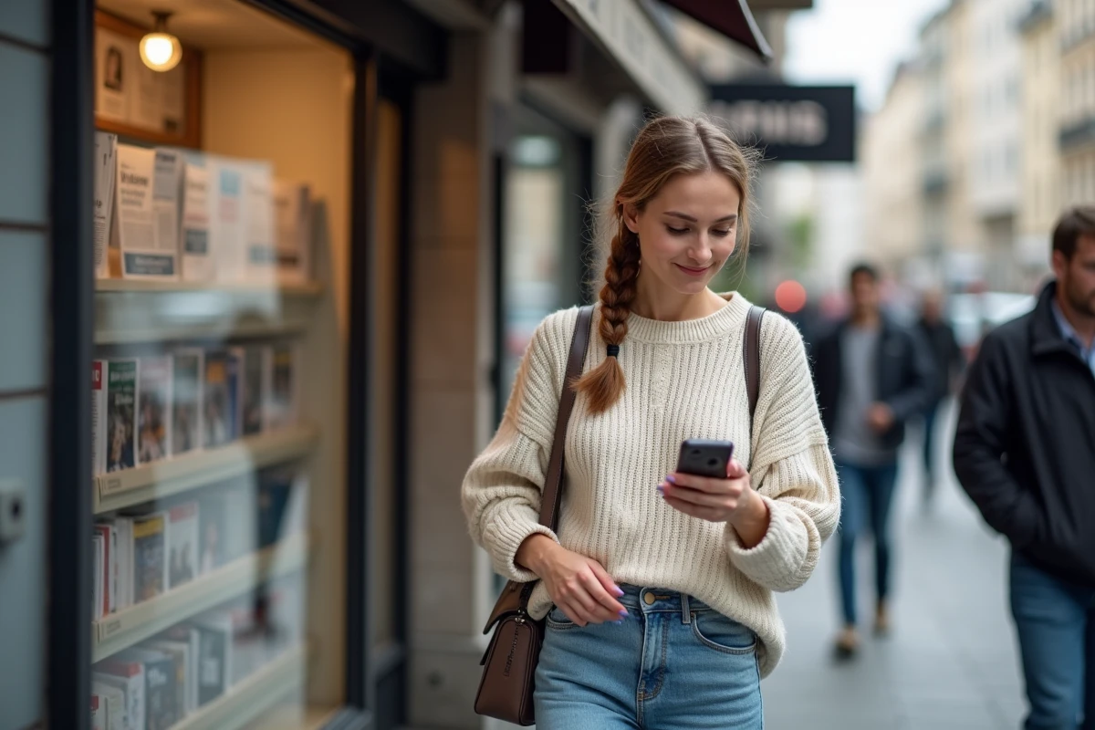 Jeune femme marchant dans une rue urbaine en regardant son téléphone