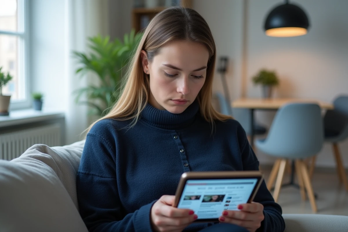 Jeune femme lisant des informations sur une tablette dans un salon moderne, illustrant la consommation de contenus médiatiques et la vérification de rumeurs sur des célébrités