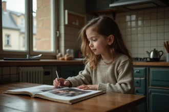 Jeune fille réfléchie avec album photo dans une cuisine parisienne