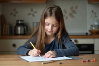 Jeune fille de 7 ans dessinant dans un carnet dans la cuisine