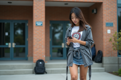 Jeune fille de 16 ans devant une école moderne vérifiant son téléphone