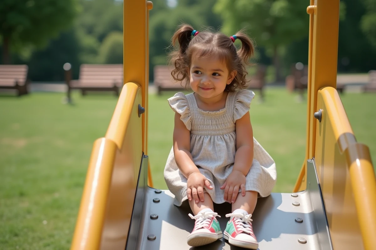 Fille de 4 ans jouant sur une glissade dans un parc