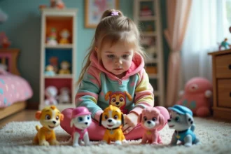 Jeune fille avec hoodie coloré jouant avec figurines Paw Patrol