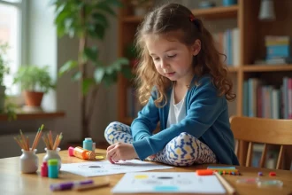 Jeune fille curieuse assemble un kit scientifique dans un salon lumineux