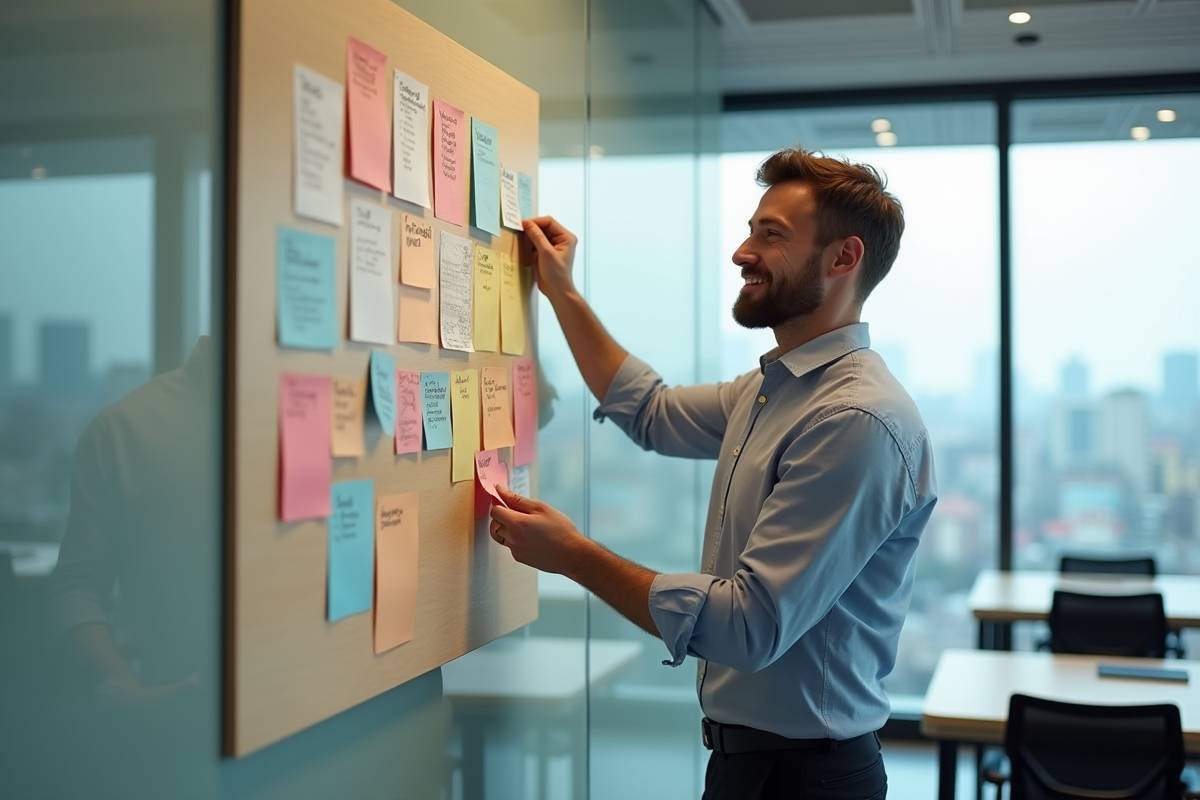 Jeune homme arrangeant des notes dans un bureau moderne